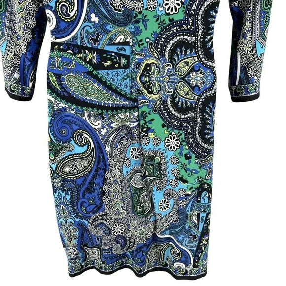 CHICOS 1 Medium Blue White Paisley 3/4 Sleeve Knit Bodycon Outdoor Shift Dress - Picture 7 of 16